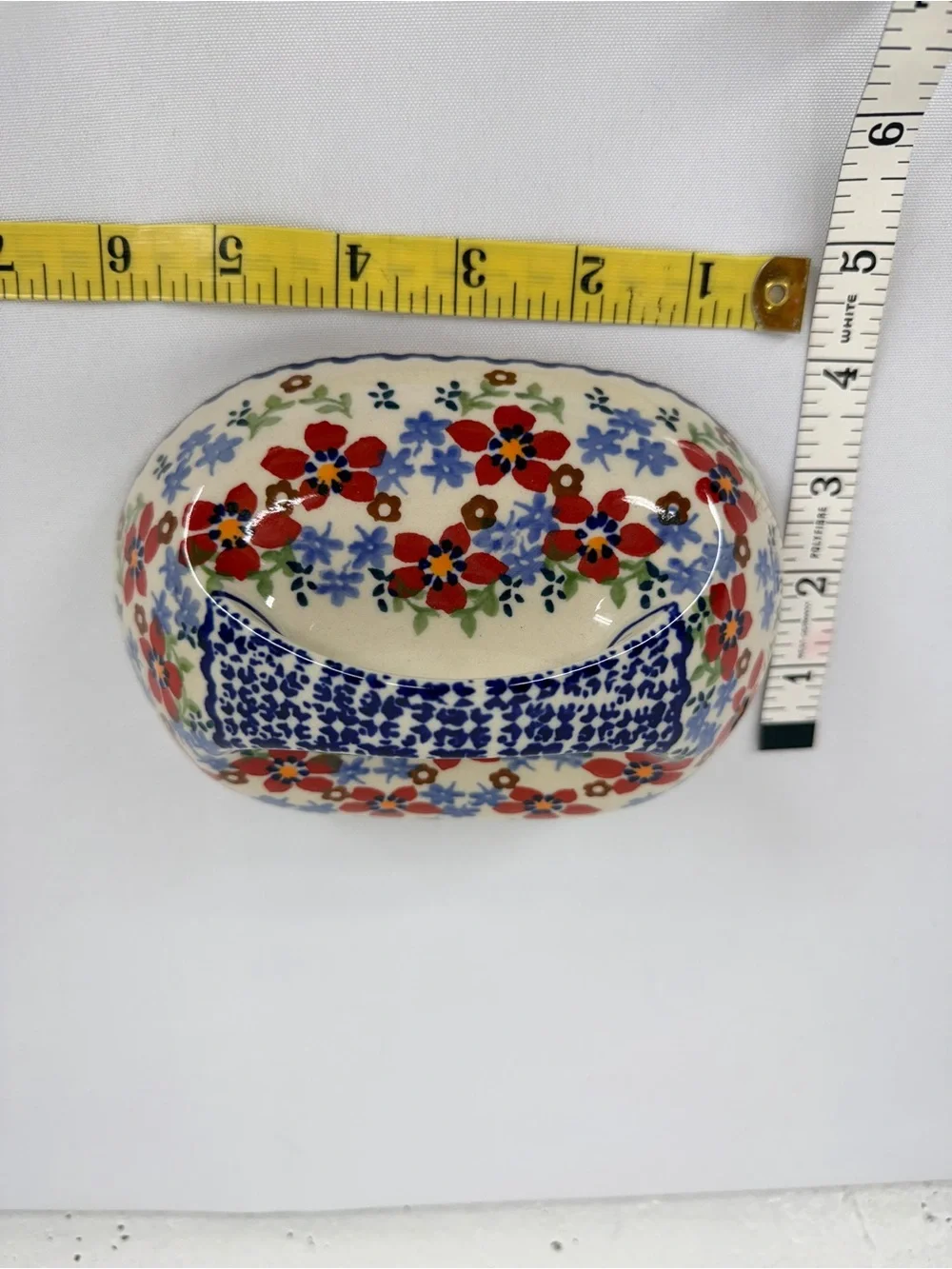 Polish Pottery Red Blue Floral Butter Dish Lid Only 6.5”